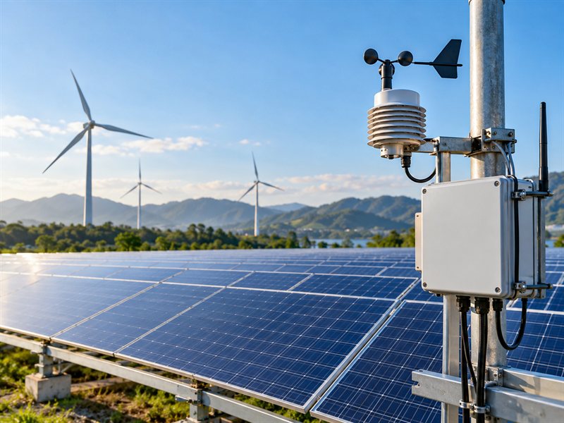 Solar panels, wind turbines and a connected energy monitoring sensor